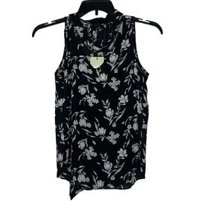 Adrienne Vittadini Floral Print Sleeveless Blouse Black White Size S NEW